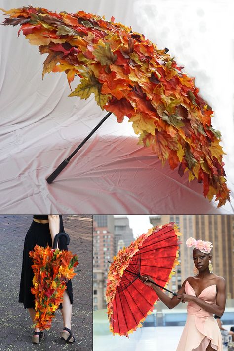 This functional, double-take-inducing umbrella is topped with colorful faux Autumn leaves so it looks like you're sheltering under a big pile of them. Floral Umbrellas Diy, Autumn Leaves Dress, Fairy Umbrella, Umbrella Project, Autumn Costume, Autumn Window Display, Plant Fashion, Floral Umbrellas, Leaf Dress