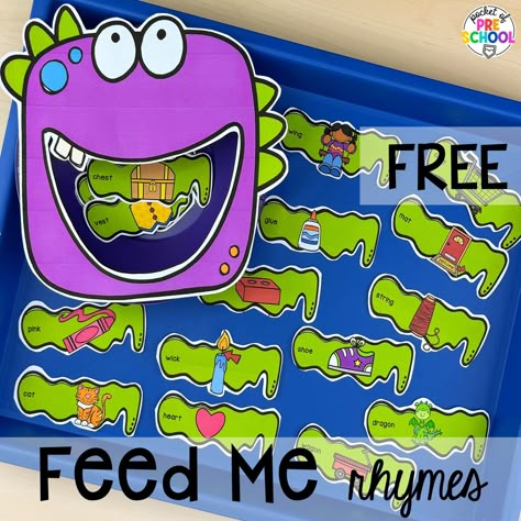 Free rhyming feed me game plus more rhyming activities for preschool, pre-k, and kindergarten students that are hands-on, engaging, and educational. Rhyming Activities Kindergarten Free, Rhyming Game Kindergarten, Rhyming Practice Kindergarten, Free Rhyming Activities, Small Group Literacy Preschool, Rhyming Activities Preschool Free, Pre K Rhyming Activities, Rhyming Games Kindergarten, Syllable Activities