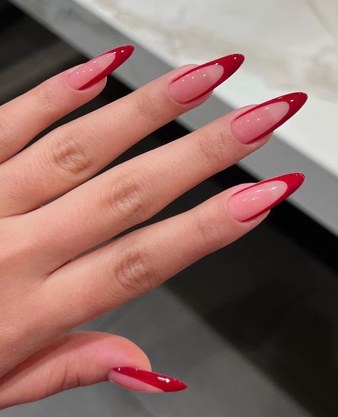 Almond Red French Tip Nails, Ruby Nails, Sugar Nails, Red Acrylic Nails, Red Nail Designs, Almond Nails Designs, Almond Acrylic Nails, Red Nail, Oval Nails