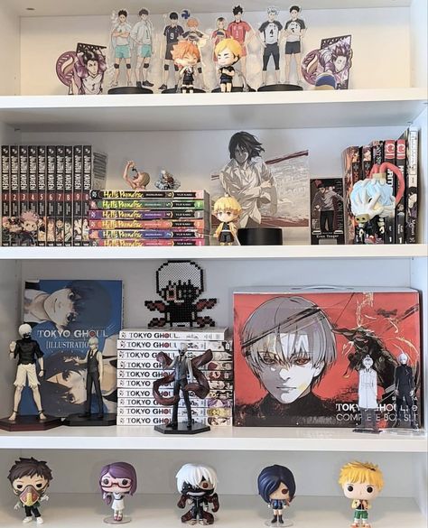 Anime Shelves Aesthetic, Organizing Manga Shelf, Manga And Figure Shelf, Anime Figure Wall Shelf, Manga Shelving, Anime Figurine Collection Room, Manga Shelves, Anime Shelf, Manga Shelf