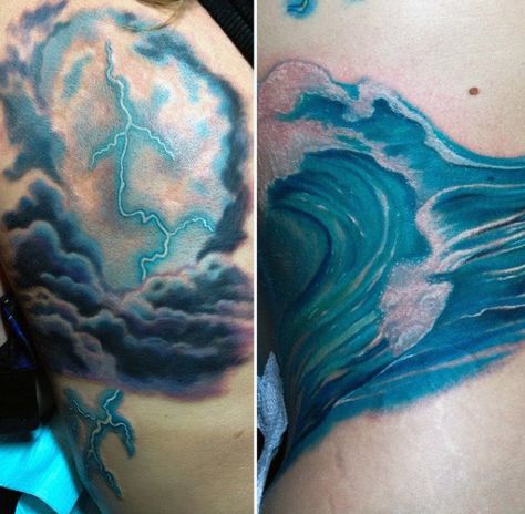 Blue Ocean Waves Mens Lightning Tattoos Runes Tattoo, Godzilla Tattoo, Tattoo Ink Colors, Storm Tattoo, Lightning Tattoo, Beach Book, Book Vibes, Ribcage Tattoo, Rune Tattoo