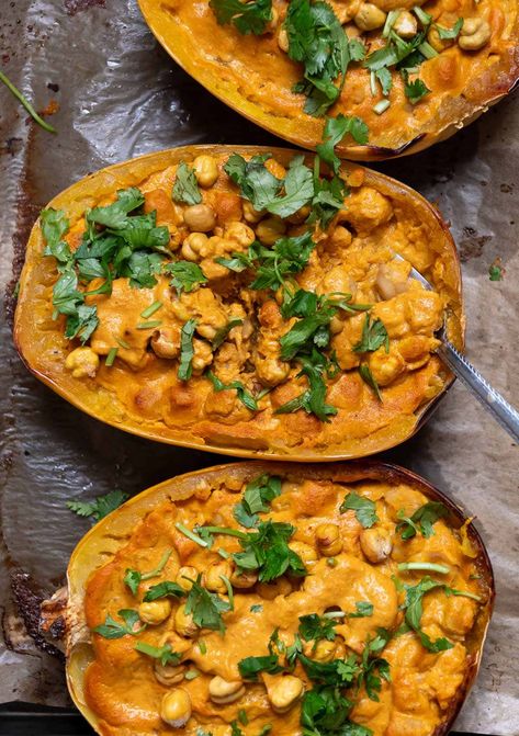 Spaghetti Squash with Butter Chickpeas Spaghetti Squash And Chickpeas, Butter Chickpeas, Stuffed Anaheim Peppers, Chickpea Curry, Yellow Squash, Butter Sauce, Spaghetti Squash, Chilli Powder, Vegan Butter