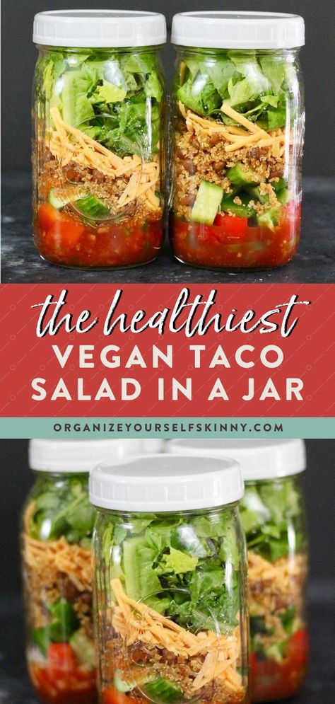 The Healthiest Vegan Taco Salad in a Jar | Vegan Salad Recipes - Looking for a healthy and delicious vegan lunch recipes you can meal prep in advance? This vegan taco salad is flavorful, hearty, and filled with protein and veggies! The best part of this salad is you can make it ahead of time by layering all the ingredients into a portable mason jar salad | Organize Yourself Skinny | Healthy Salad Recipes | Vegan Recipes #vegan #saladrecipe #mealprep #lunchrecipe #mealplanning Taco Salad In A Jar, Vegan Taco Salad Recipe, Mason Jar Meal Prep, Mason Jar Lunch, Vegan Taco Salad, Mason Jar Salads, Salad Jar Recipe, Jar Salads, Vegan Taco