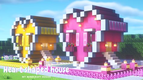 Heart Building Minecraft, Heart Shaped House Minecraft, Heart Minecraft House, Valentine Minecraft Builds, Heart Minecraft Build, Cute Minecraft Houses Kawaii, Minecraft Rainbow House, Valentines Day Minecraft Builds, Heart House Minecraft