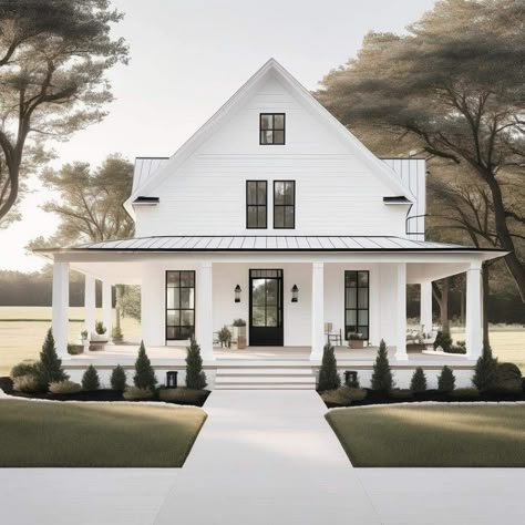 Black And White Cabin Exterior, White Exterior Black Windows, Black And White Cottage Exterior, Black And White Barndominium Exterior, White Farmhouse Black Trim, Black Metal Roof White House, White Farmhouse Black Windows, White Cabin Exterior, White And Black Barndominium