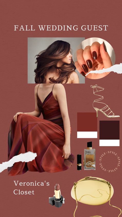 A collage made of a maxi burgundy dress with straps, gold oval mini bag, gold heels with ties, brown oval nails, and long, brown, blow-dried hair. Dark Autumn Wedding Dress, Dark Autumn Wedding, Autumn Wedding Dress, Autumn Wedding Guest, Fall Wedding Guest Outfit, Deep Autumn Color Palette, Autumn Color Palette, Wedding Guest Outfit Fall, Fall Wedding Guest