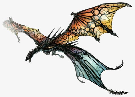 Dragon Wrapped Around, Stained Glass Character Design, Fantasy Dragon Concept Art, Dragon Design Ideas, Dragon With Butterfly Wings, Stained Glass Wings, Wyvern Dragon, Stained Glass Dragon, Glass Dragon