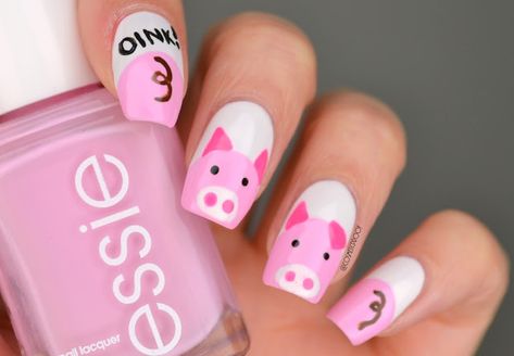 Year of the Pig Nail Art Pig Nails Art, Chinese New Year Nail Art, Chinese New Year Nail, Pig Nail Art, New Year Nail Art, Pig Nails, New Year Nail, New Years Nail Art, Animal Nails