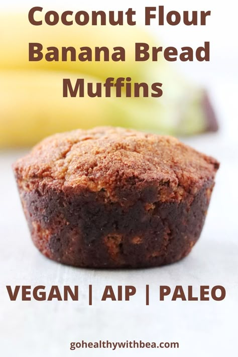 This is the best easy and healthy vegan and gluten free recipe. This very simple recipe uses 2 bananas, coconut flour and cinnamon, no eggs and no butter. With this recipe you will learn how to make homemade paleo and AIP compliant moist muffins. They make a delicious AIP dessert. #banana #muffins #paleo #glutenfree #AIP #vegan Aip Banana Bread, Immune Recipes, Coconut Flour Banana Muffins, Recipes Using Coconut Flour, Coconut Flour Banana Bread, Aip Treats, Aip Vegan, Coconut Flour Muffins, Aip Foods