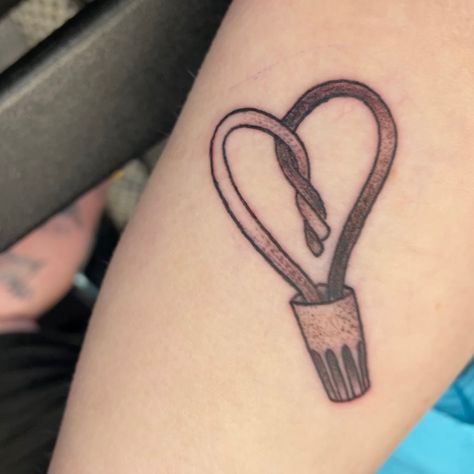 Black and gray tattoo of a wire nut with a dark wire and a light wire twisted into the shape of a heart. Electrical Tattoo Ideas, Tattoo Ideas For Electricians, Electrical Tattoo, Tattoos For Electricians, Electrician Tattoo, Firefighter Tattoo Memorial Grandpa, Fireman Memorial Tattoo, Electrician Tattoo Ideas, Electricity Tattoo