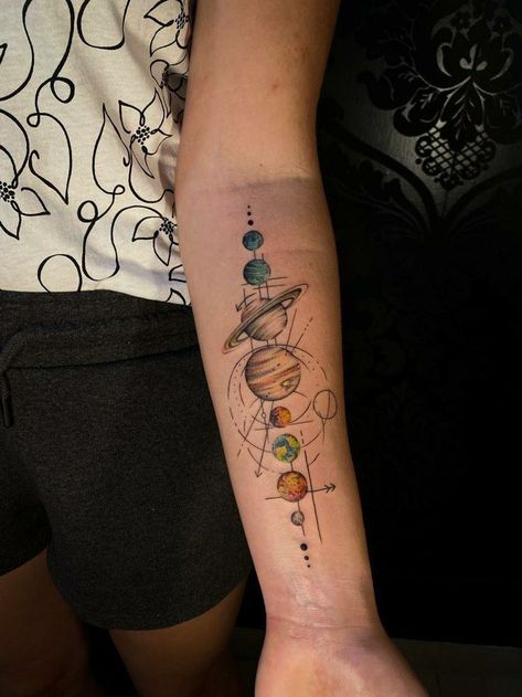 Color Solar System Tattoo, Universe Tattoos For Women, Planet Tattoos For Women, Matching Space Tattoos, Planets Tattoos, Astronomical Tattoo, Gallifreyan Tattoo, Tattoo Solar System, Solar System Tattoos