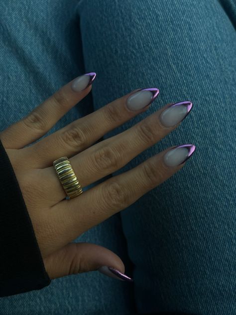 Silver Tip Nails, Acrylic Nails Chrome, Black And Purple Nails, Purple And Silver Nails, Purple Chrome Nails, Dark Purple Nails, Plum Nails, Purple Tips, Gel Toe Nails