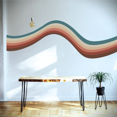 Elevate your home decor with our Wavy Retro Stripe Wall Decal.  a perfect choice for adding a touch of playful nostalgia and contemporary style to your living space. These eye-catching decals feature a dynamic wavy stripe design that instantly draws the eye and infuses your walls with a burst of color and energy. {Material Options} -- The first option is the matte vinyl with transfer tape. This option provides a sleek and seamless finish, with the transfer tape making the application process a b Swirl Paint Accent Wall, Wavy Line Wall Mural, 70s Wavy Wall Art, Retro Feature Wall, Lines Wall Paint, Fun Paint Designs For Walls, Squiggly Wall Paint, Design Painted Walls, Squiggle Wall Mural