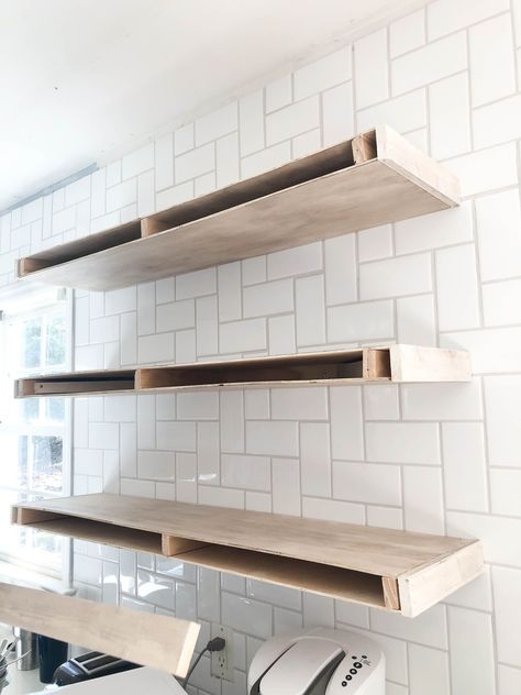 DIY Wooden Shelves" Nooks Ideas, Floating Shelves Ideas, Diy Wooden Shelves, Floating Kitchen Shelves, Pretty In The Pines, Remodel House, Kitchen Floating Shelves, Shelves Ideas, Floating Shelves Kitchen