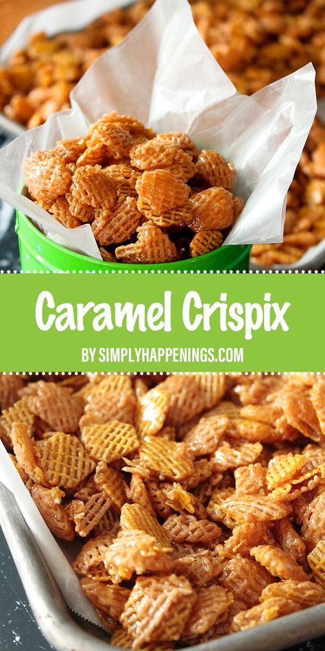 Caramel Crispix Recipe, Crispix Snack Mix, Caramel Chex Mix, Chex Mix Recipes Sweet, Cereal Snacks, Chex Mix Recipes, Cereal Treats, Fall Snacks, Snack Mix Recipes