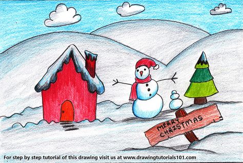 Christmas Snowman Scene Christmas Scenery Drawing, Scenery Drawing Ideas, Winter Season Drawing, Christmas Scene Drawing, Nature Drawing For Kids, Simple Snowman, Xmas Drawing, Christmas Tree Drawing, Drawing Christmas