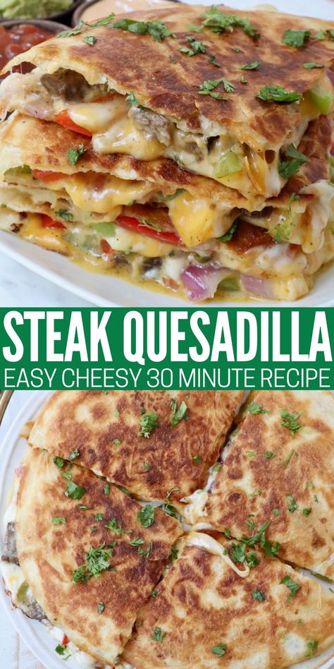 Make the best Steak Quesadilla with this easy recipe that's loaded with flavorful carne asada, fajita veggies and tons of cheese! It only takes 30 minutes to make this delicious Mexican dish for an easy weeknight meal that's better than fast food or a restaurant chain. Carne Asada Quesadilla Recipes, Steak Quesadillas Recipes, Carne Asada Recipes Dinners, Carne Asada Quesadilla, Steak Quesadilla Recipe Easy, Steak Quesadilla Recipe, Steak Quesadilla Recipes, Fajita Quesadilla, Steak Quesadillas