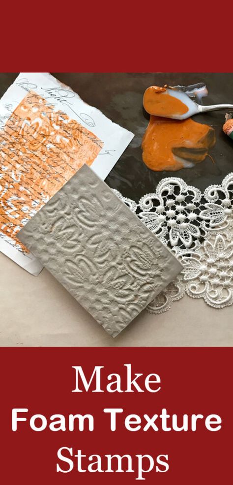 DIY Quick, Easy Mixed Media Tutorial – How to Use Simon Hurley Stamping Foam to create custom stamps by Rebecca E. Parsons. Fun Craft Technique Block Printing Diy Foam Stamps, Handmade Stamps Diy, Diy Foam Stamps, Stamping Foam, Block Printing Diy, Easy Stamps, Foam Texture, Texture Stamps, Rubber Stamps Diy