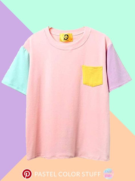 Cute and Kawaii Pastel Color T-Shirt Pastel Colors Fashion, Patchwork T Shirt, Pastel Tops, Patchwork Tee, Pastel Shirt, Light Blue Top, Pastel Outfit, Patchwork Top, Mens Summer T Shirts