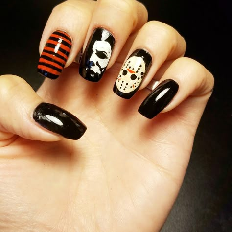 Halloween, Michael Myers, Friday the 13th, Jason Vorhees, Nightmare on Elm Street, Freddy Krueger Nails Halloween Nails Jason, Jason Nails, Friday Halloween, Halloween Jason, Wedding Nail Polish, Horror Nails, Jason Vorhees, Witch Nails, Halloween Acrylic Nails