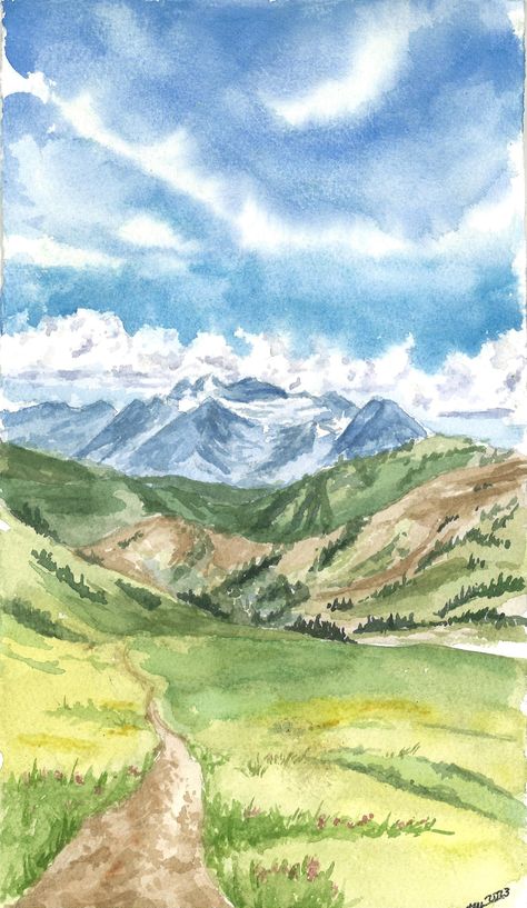 Watercolor Painting of Mt. Timpanogos, UT Watercolor Colorado Mountains, Watercolour Mountains Landscapes, Watercolour Inspiration Landscape, Utah Watercolor, Watercolor Reference, Mountains Watercolor, Mountain Watercolor, Granola Aesthetic, Landscape Watercolour