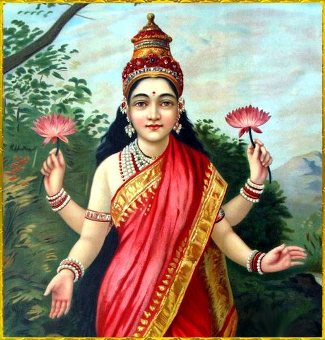 LAKSHMI DEVI Laxmi Mantra, Gaja Lakshmi, Ravivarma Paintings, Goddess Clothing, Raja Ravi Varma, Ravi Varma, Goddess Of Wealth, Female Energy, Lakshmi Devi