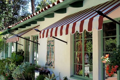 Awning Over Door, Awning Ideas, Residential Awnings, Mediterranean Houses, Spanish Exterior, Spanish Casa, Custom Awnings, Canvas Awnings, House Awnings