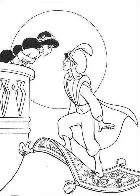 Aladdin Coloring Page Images Aladdin Coloring Pages, Aladin Disney, Princesses Coloring, Disney Painting, Princess And Prince, Wedding Coloring Pages, Coloring Paper, Moon Coloring Pages, Disney Princess Colors