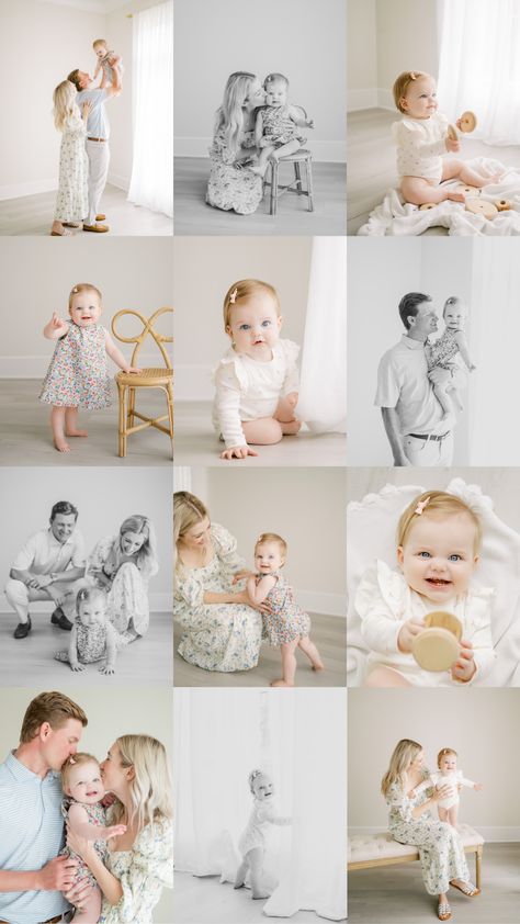 This absolutely gorgeous studio celebrating my sweet little friend Olivia who just turned one! Family 1 Year Photoshoot, 1st Birthday Winter Photoshoot, One Year Photoshoot Ideas Indoor, 1 Year Studio Photoshoot, One Year Milestone Photos, First Birthday Studio Photoshoot, 1st Year Photoshoot, At Home First Birthday Pictures, Heirloom First Birthday Photos