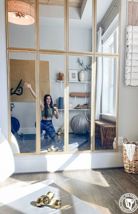 Diy Wall Mirror, Diy Mirror Wall, Gym Space, Mirror Decor Living Room, Gold Wall Mirror, Wall Mirror Diy, Workout Room Home, Gym Mirrors, Diy Home Gym