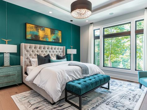 Teal Wall Bedroom Ideas, Teal And Gold Bedroom, Teal Bedroom Designs, Decor Small Bedroom, Teal And Gray Bedroom, Teal Bedroom Ideas, Bedroom Teal, Modern Bedroom Colors, Best Bedroom Colors