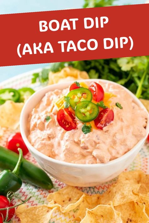 A bowl of boat dip on a table with chips around it. Fiesta Dip Recipe, Boat Dip Recipe, Boat Dip, Bbq Chicken Dip, Popular Dips, Fiesta Dip, Mexican Dip, Yoghurt Dip, Mexican Dips