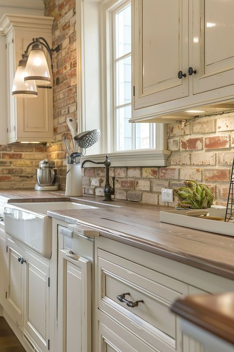 Farmhouse Kitchen With Stylish Brick Backsplash - 123 Inspiration Brick Shower Floor Ideas, Concrete Countertops With Brick Backsplash, Grey And Brick Kitchen, Cream Brick Backsplash Kitchen, Backsplash Cottage Kitchen, Brick Backsplash Kitchen With Butcher Block Countertops, White Brick Tile Backsplash Kitchen, Dark Cabinets With Brick Backsplash, Ceiling Tile Backsplash Kitchen