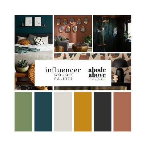 Influencer - Interior Design Color Palette | Sherwin Williams 2024 Whole House Color Scheme | Interior Paint Design | Black, Green, Red Interior Paint Design, Whole House Color Scheme, House Color Schemes Interior, Color Palette Sherwin Williams, Home Color Palette, Color Palette Interior Design, Sherwin Williams Color Palette, Gold Color Palettes, Interior Design Color