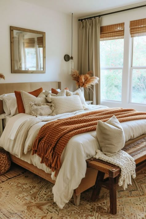 Burnt Orange And White Bedding, Orange And Neutral Bedroom, Burnt Orange And Tan Bedroom, Boho Bedroom With Rust Color, Oatmeal And Burnt Orange Bedding, White Bedroom With Orange Accents, Burnt Orange Master Room, Farmhouse Bedroom Orange, White And Orange Bedding