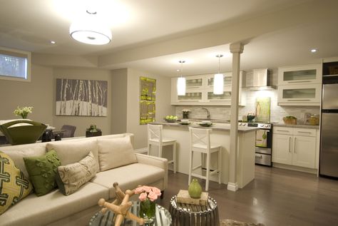 Light, Bright & White. Good for a basement Finished Basement Designs, Basement Kitchen, Basement Apartment, Small Basements, Basement Decor, Apartment Kitchen, Basement Design, Trendy Kitchen, Basement Remodeling