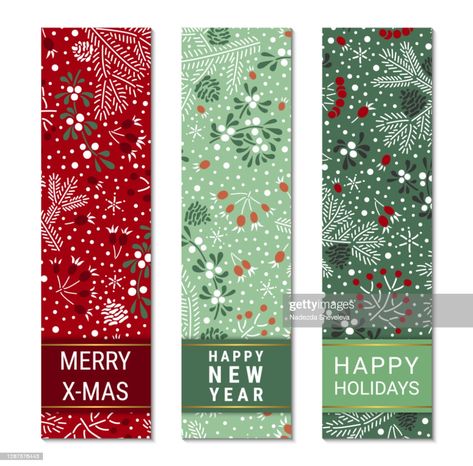 stock illustration : Happy holidays, New Year, Merry X-mas colorful ornate vertical banner template set. Elegant fir branches, cones, mistletoe leaves, red elderberry and rowan berry pattern. EPS 10 vector backgrounds. Christmas Label Design, Red Elderberry, Christmas Banner Design, Rowan Berry, Festive Packaging, Merry Christmas Font, Christmas Fonts Free, Berry Pattern, Vertical Banner