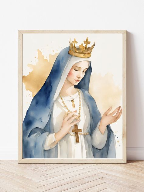 Beautiful, original watercolor illustration of the Blessed Mother Virgin Mary! Perfect for any room in the house and makes a beautiful gift! 2 size options in PDF file format will be delivered: Height: 14 inches; Width: 11 inches Height: 10 Inches; Width: 8 Inches If you would like a different format please message me and I will be glad to accommodate you. This item is for PERSONAL USE ONLY Digital products cannot be refunded or exchanged This artwork has high resolution which is ideal for printing at larger sizes. You can print at home or send to a print company with specialty paper. Please note this listing is for an INSTANT DOWNLOAD digital file. No physical item will be shipped.  After you place your order and your payment is confirmed, you will be able to download your digital files d Mother Mary Watercolor, Mother Mary Art, Virgin Mary Painting, Catholic Home Decor, Catholic Artwork, The Blessed Mother, Mary Art, Catholic Home, Virgin Mary Art