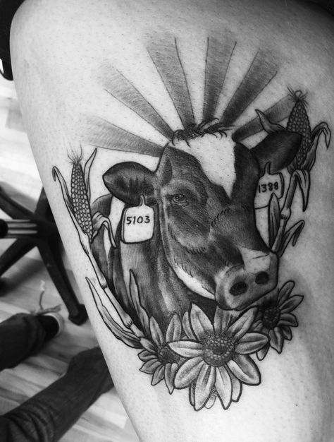 Cow Tattoo Dairy Tattoo, Dairy Cow Tattoo, Cow Tag Tattoo, Farmer Tattoo Ideas, Cow Tattoo With Flowers, Cattle Tattoo, Drew Tattoo, Cow Tattoo Ideas, Colorado Tattoos