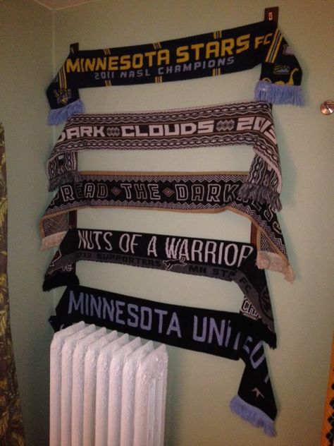 How To Make a Soccer Scarf Display – This Old Minneapolis House Cheap Basement Ideas, Soccer Room, Soccer Flags, Soccer Scarf, Scarf Rack, Bloxburg Basement, Minecraft Basement, Scarf Display, Teenager Bedroom Boy