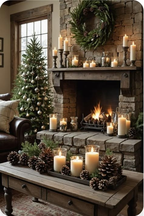 Hearth Ideas Decor, Candles On Mantel Ideas, Christmas Mantels Decorations, Candle Decor Ideas Living Rooms, Cozy Fall Living Room Ideas, Candles In Fireplace Ideas, Fall Decor Ideas For The Home, Hearth Decorating Ideas, Mantle Decorating Ideas Christmas