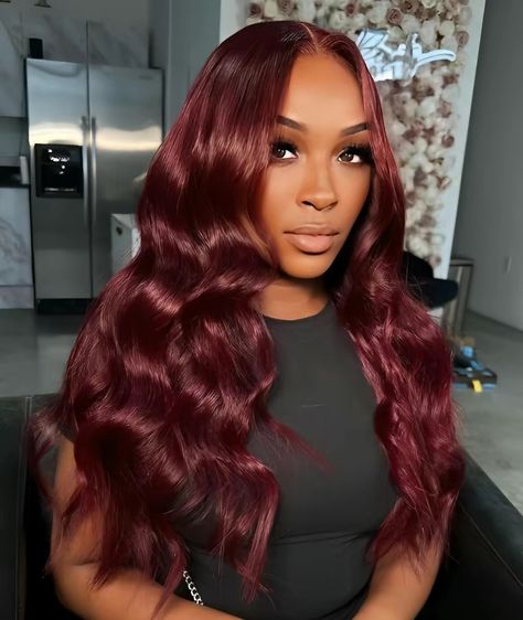 Red Hair Beach Waves, Beach Wave Wigs For Black Women, Beach Waves On Wig, Beach Wave Sew In Hair Weaves, Beach Waves Hair Black Women, Red Hair Weave Black Women, Burgundy Closure Sew In, Red Closure Sew In, Wine Red Hair Color For Black Women