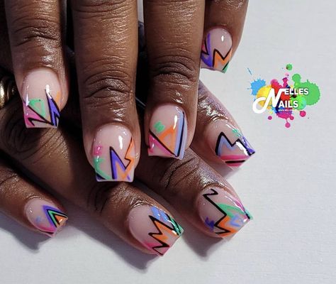 Square Acrylic Nails Abstract, Pop Art Nails Square, Graffiti Nails Acrylic, Neon Graffiti Nails, Nails Arts, Element Design, Baby Nails, Work Nails, Dope Nail Designs