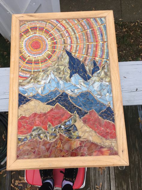 Mosaic Mountains Ideas, Mosaic Mountain Scenes, Mosaic Gift Ideas, Mosaic Mountains, Mountain Mosaic, Artistic Pottery, Landscape Mosaic, Mountain Mural, Sunset Mountains