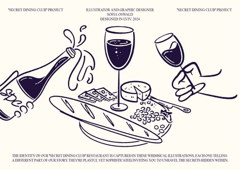 "SECRET DINING CLUB" RESTAURANT :: Behance Dinner Illustration Art, Graphic Design Restaurant, Illustration For Restaurant, Wine Club, Supper Club Logo, Restaurant Illustration, Restaurant Illustration Interior, Wine Illustration Design, Wine Graphic Design