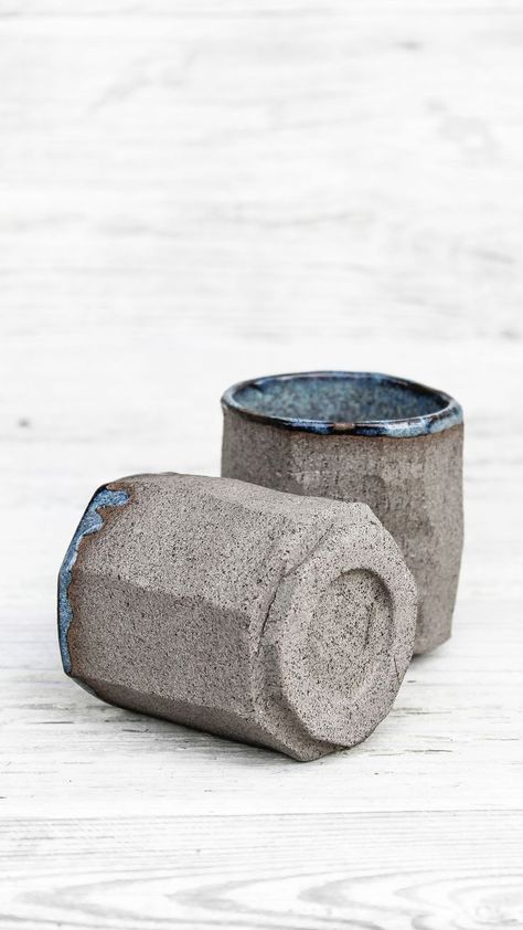 Double espresso cup, tea cup, hand carved from a single block of gray stoneware clay, inspired be Japanese kurinuki art. Glazed inside with blueish satin glaze. Hand built, simple, minimalist drinking vessel. Very unique Christmas, Thanksgiving, birthday gift for wife, mom, dad, hasband, coffee lovers Espresso Cups Ceramic, Artisan Pottery, Clay Cup, Double Espresso, Sake Cup, Cup Handmade, Sake Set, Grayish Blue, Rough Texture