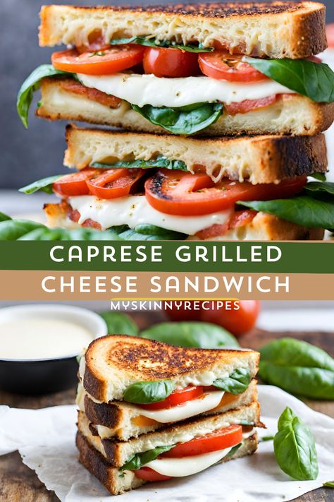 Caprese Grilled Cheese Sandwich: A mouthwatering twist on a classic favorite. Layers of fresh mozzarella, tomatoes, and basil, drizzled with balsamic glaze, sandwiched between golden, buttery bread. Perfect for a quick and delicious lunch or dinner #myskinnyrecipes #Caprese Grilled Cheese Sandwich Grilled Chicken Caprese Sandwich, Grilled Caprese Sandwich, Tomato And Mozzarella Sandwich, Pesto Mozzarella Sandwich, Tomato Basil Sandwich, Whole Wheat Sandwich Bread Recipe, Caprese Grilled Cheese, Mozzarella Sandwich, Caprese Sandwich