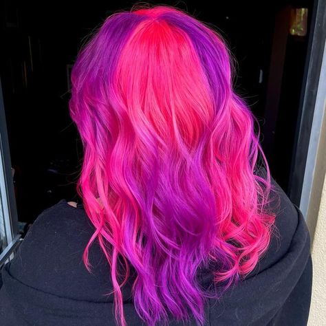 Purple And Pink Hair, Salon Content, Cosmo School, Checkered Hair, Pink And Purple Hair, Pink Purple Hair, Split Dyed Hair, Hot Pink Hair, Airbrush Designs