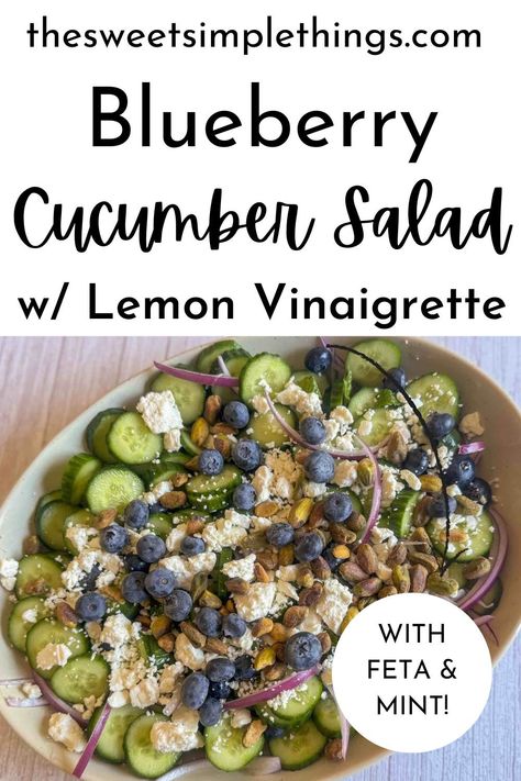 This delicious blueberry cucumber salad is filled with crunchy textures and tangy flavors. Save this to make for summer salad recipes! Healthy eating has never been so tasty. This delicious healthy side dish recipe will complement all of your grilling this spring and summer. Blueberry Cucumber Salad, Cucumber Bacon Salad, Cucumber Blueberry Feta Salad, Summer Salad Recipes Healthy, Tomato Cucumber Feta Salad Balsamic, Blueberry Peach Feta Salad Delish, Cucumber Chickpea Salad With Feta And Lemon, Blueberry Watermelon Feta Mint Salad, Salad Recipes Healthy