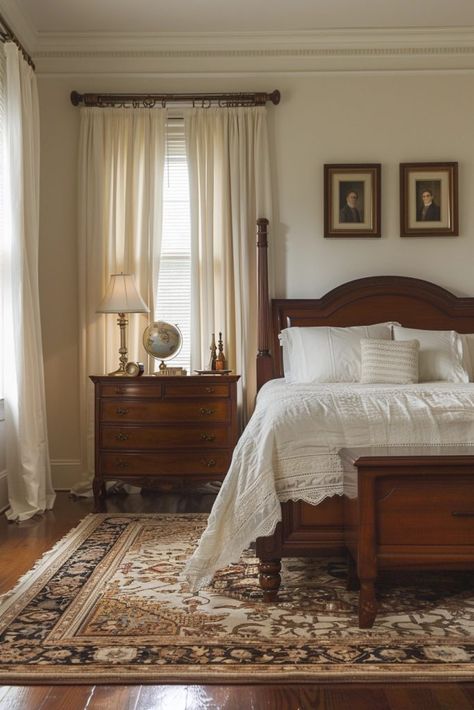 29 Vintage Bedroom Ideas for a Nostalgic Feel 21 Traditional Classic Bedroom, Classic Timeless Bedroom Decor, Traditional Rustic Bedroom, Traditional Vintage Home Decor, Modern Traditional Interior Design Bedroom, Traditional Bedroom Aesthetic, Minimalist Colonial Interior Design, New England Bedroom Decor, Classic Timeless Interior Design